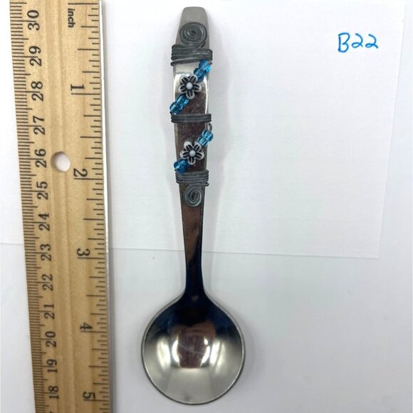 Handcrafted Vintage Stainless Steel & Blue Floral Spoon B22 - Picture 3 of 3
